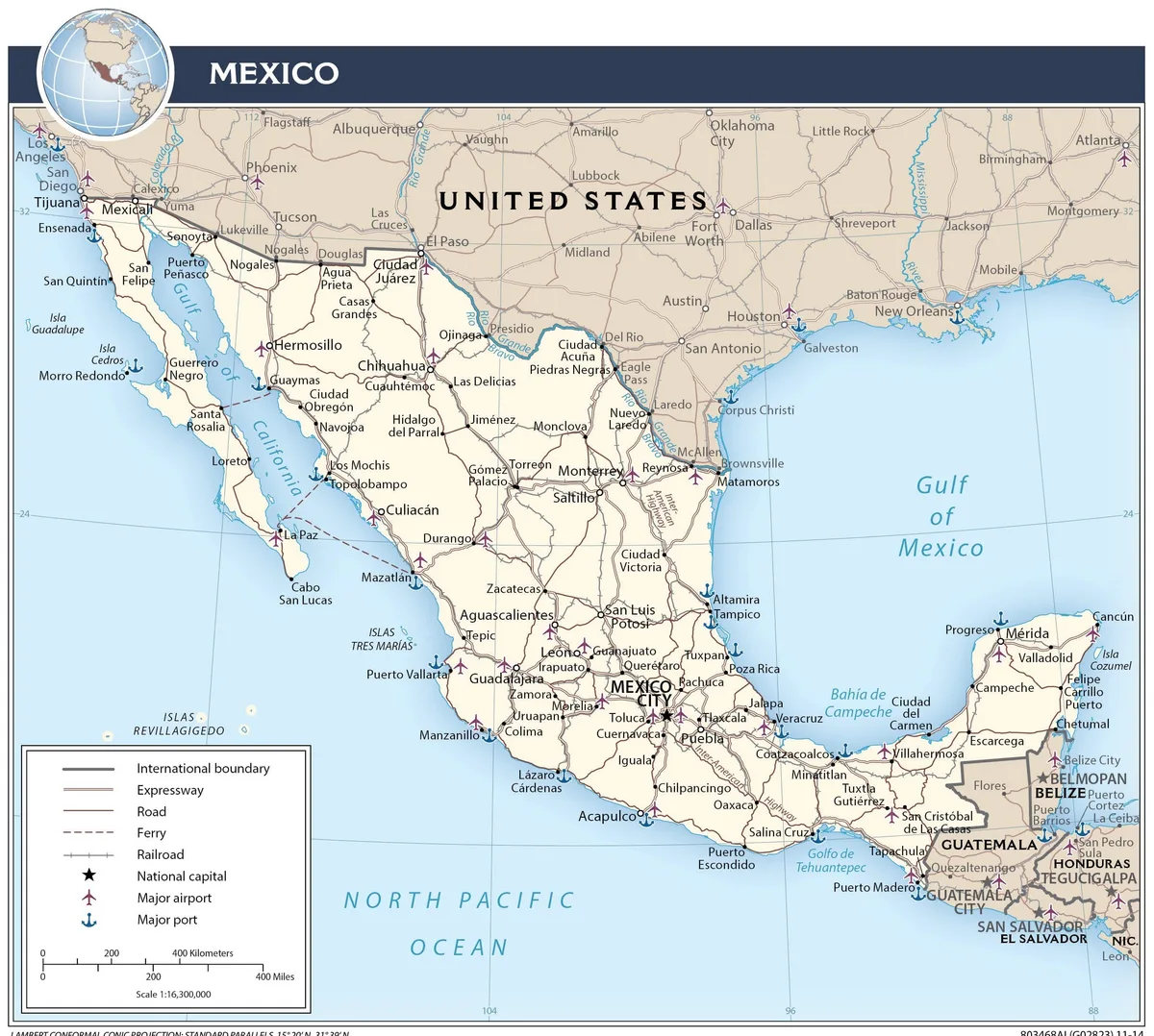 Mapa de transporte de México con carreteras, autopistas, ferrocarril, aeropuertos, puertos, Ciudad de México, Monterrey, Guadalajara, Tijuana y Cancún