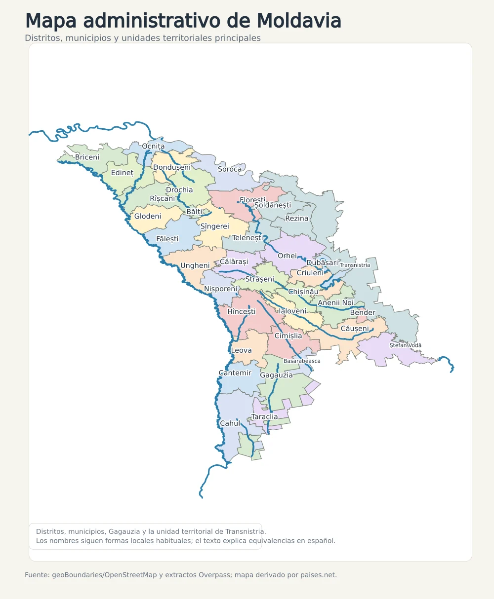Mapa administrativo de Moldavia con distritos, municipios, Gagauzia, Transnistria, Chișinău, Bălți, Bender, Cahul y Orhei