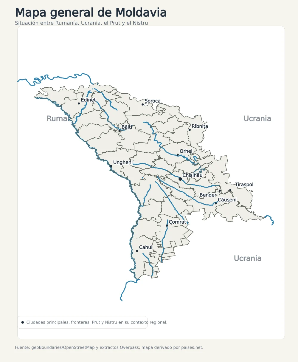 Mapa general de Moldavia entre Rumanía y Ucrania con Chișinău, Bălți, Tiraspol, Bender, Cahul, Orhei, Soroca, Prut y Nistru