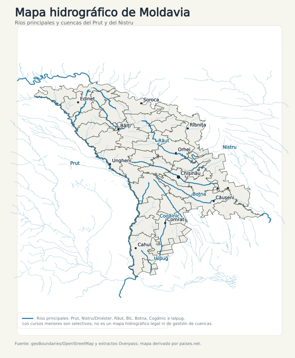 Mapa hidrográfico de Moldavia con los ríos Prut, Nistru o Dniéster, Răut, Bîc, Botna, Cogâlnic e Ialpug