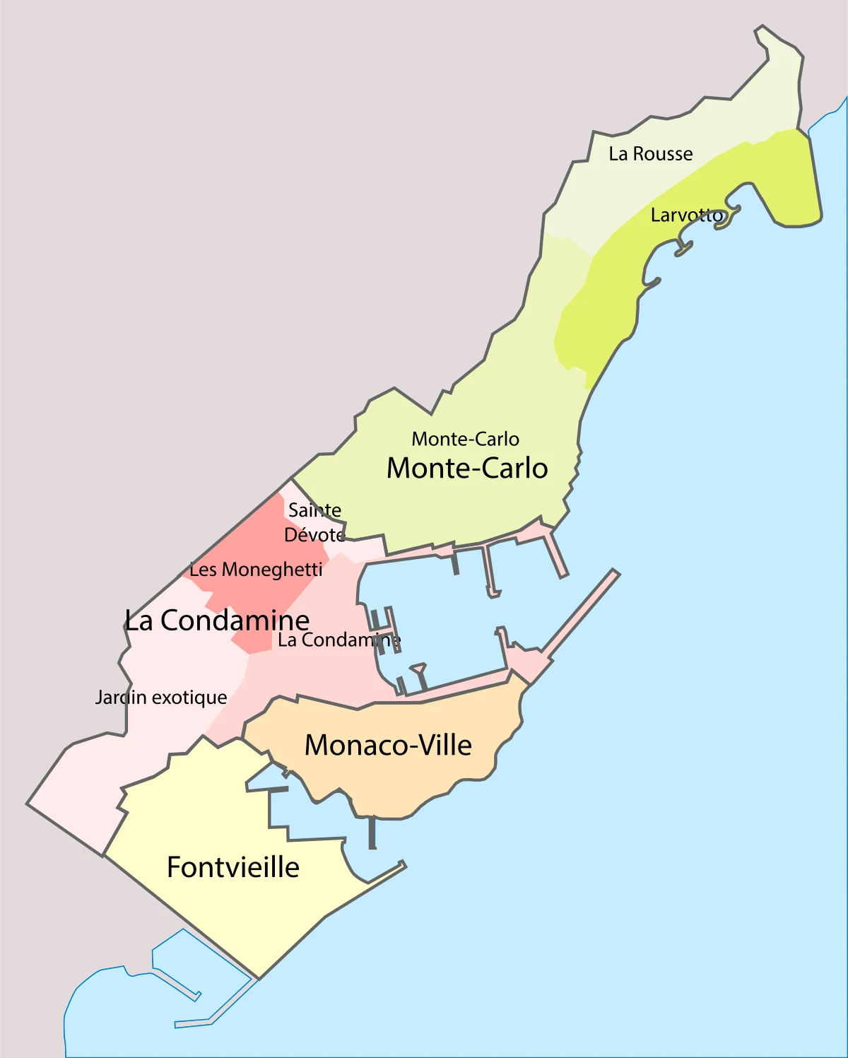 Mapa de Mónaco con Monaco-Ville, La Condamine, Monte-Carlo, Fontvieille, La Rousse, Larvotto, Les Moneghetti, Jardin exotique y Sainte-Dévote