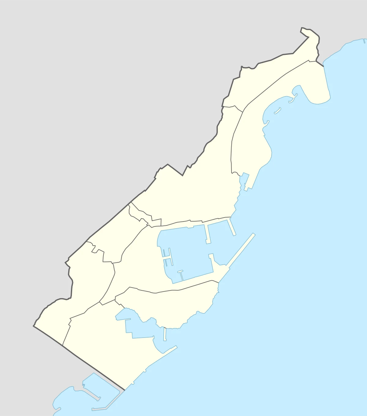 Mapa de Mónaco con frontera internacional con Francia, costa mediterránea, puerto Hercule, Fontvieille, Larvotto y el sector oriental de Mareterra