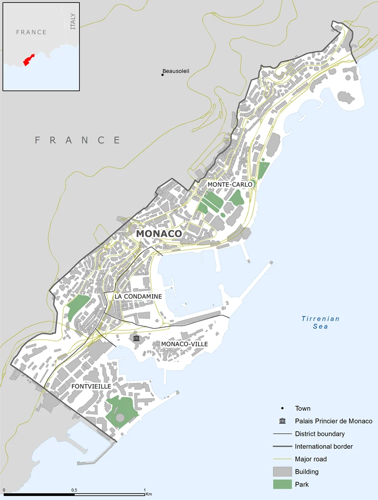 Mapa urbano de Mónaco con edificios, carreteras principales, curvas de nivel, parques, Port Hercule, Fontvieille, Monaco-Ville, La Condamine, Monte-Carlo y Beausoleil