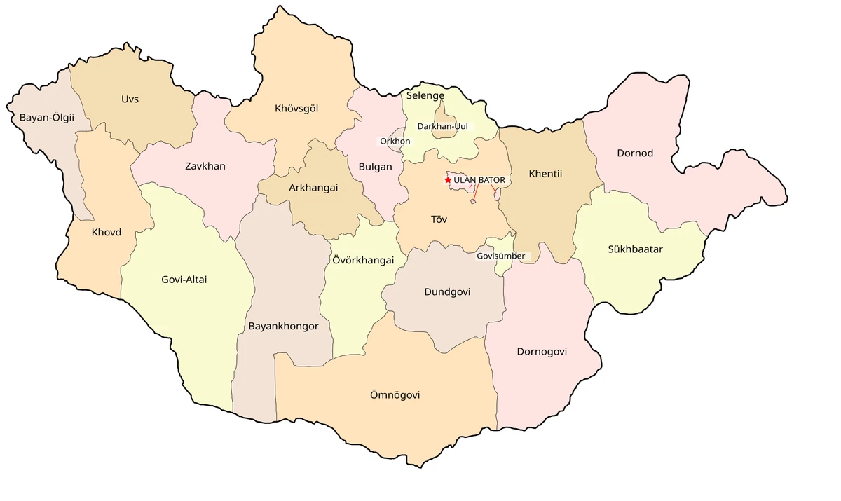 Mapa administrativo de Mongolia con aimags, Ulan Bator, Khovd, Bayan-Olgii, Govi-Altai, Omnogovi, Dornogovi, Dornod, Sukhbaatar, Tov y Khovsgol