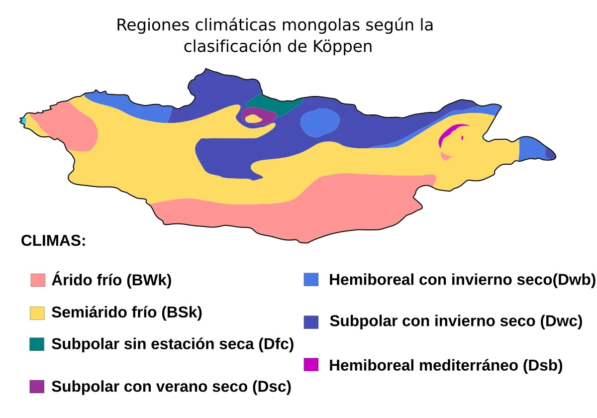 Mapa de Mongolia con clasificacion climatica Koppen y zonas aridas frias, semiaridas frias, subpolares y hemiboreales