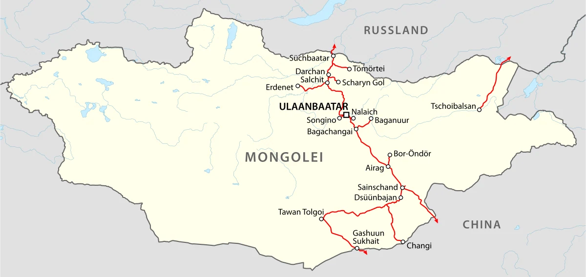 Mapa ferroviario de Mongolia con Ulan Bator, Sukhbaatar, Darkhan, Erdenet, Sainshand, Zuunbayan, Tawan Tolgoi, Gashuun Sukhait, Choibalsan, Rusia y China