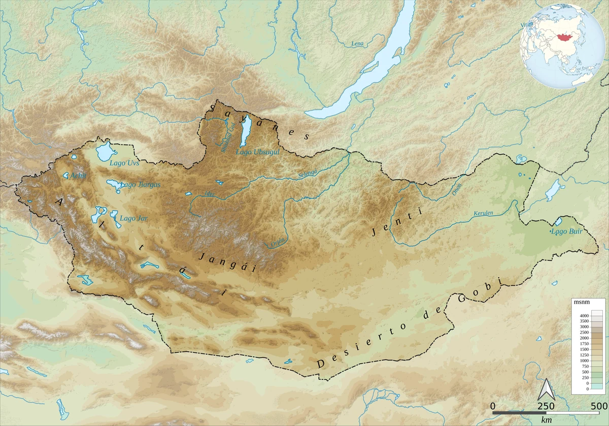 Mapa topografico de Mongolia en español con Altai, Jangai, Jenti, desierto de Gobi, lago Uvs, lago Ubsugul, Selenga, Orjon y Kerulen