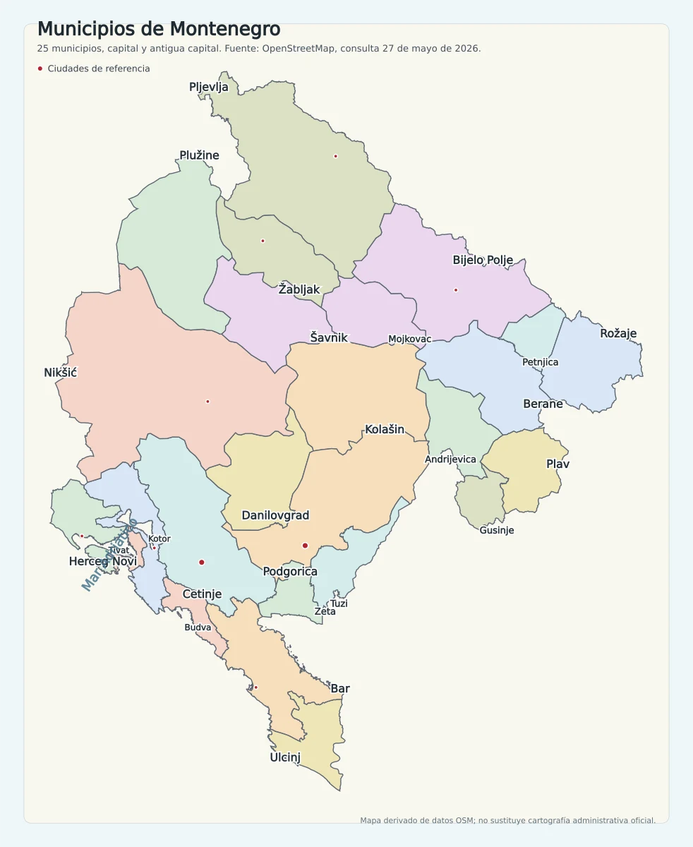 Mapa de Montenegro con sus 25 municipios, Podgorica, Cetinje, Zeta, Tuzi, Kotor, Bar, Niksic y Pljevlja