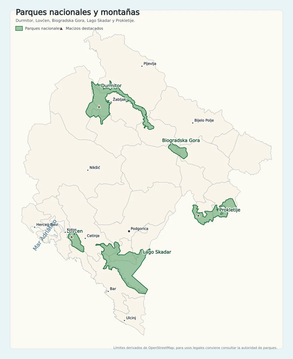 Mapa de Montenegro con los parques nacionales Durmitor, Lovcen, Biogradska Gora, Lago Skadar y Prokletije
