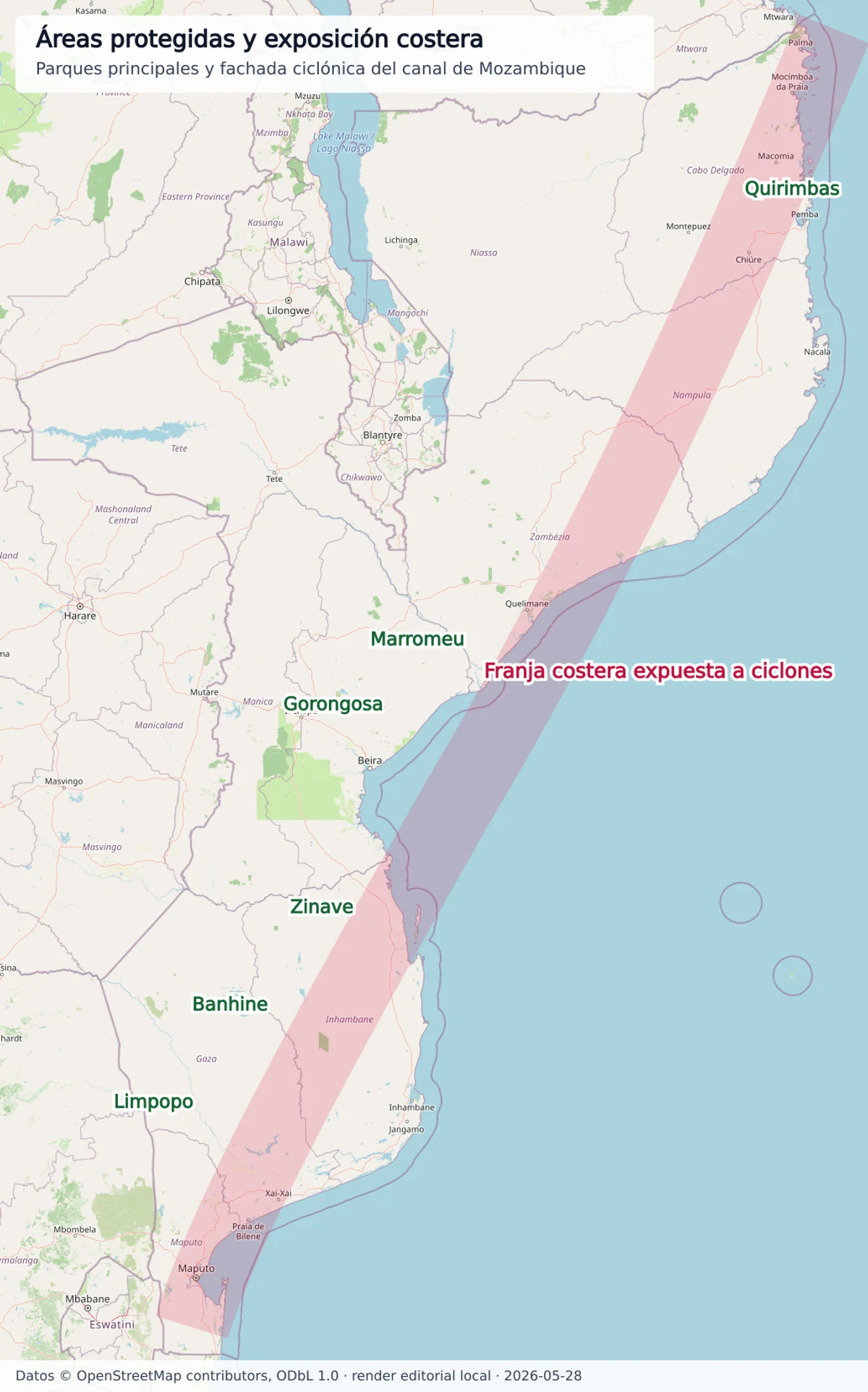 Mapa de Mozambique con áreas protegidas como Quirimbas, Gorongosa, Limpopo, Banhine, Zinave y Marromeu, y franja costera expuesta a ciclones