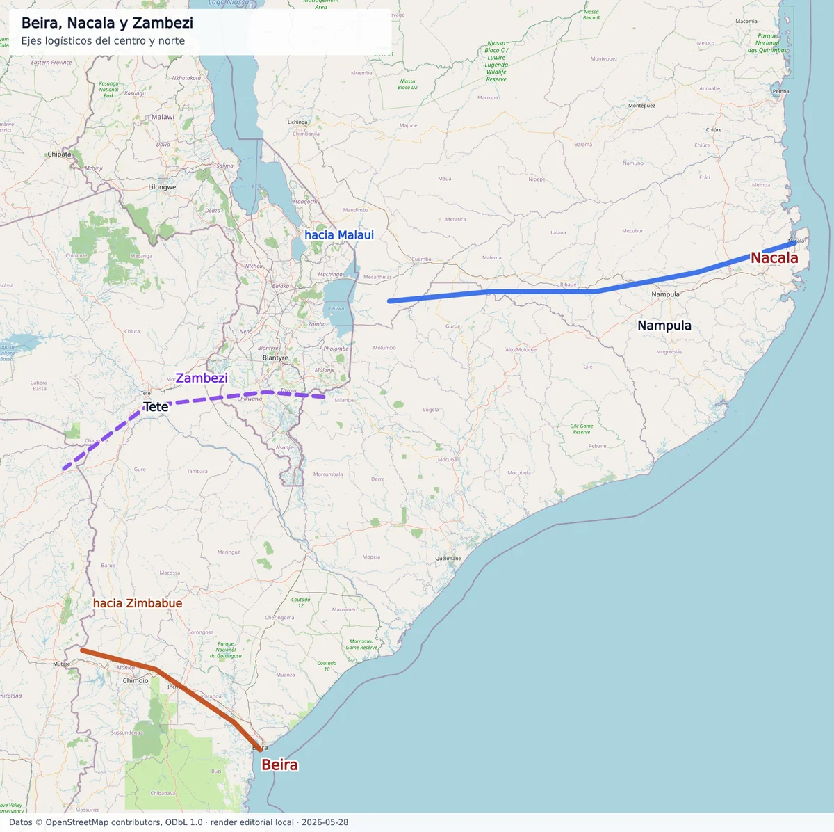 Mapa del centro y norte de Mozambique con los corredores de Beira y Nacala, Nampula, Tete, el Zambezi y conexiones hacia Malaui y Zimbabue