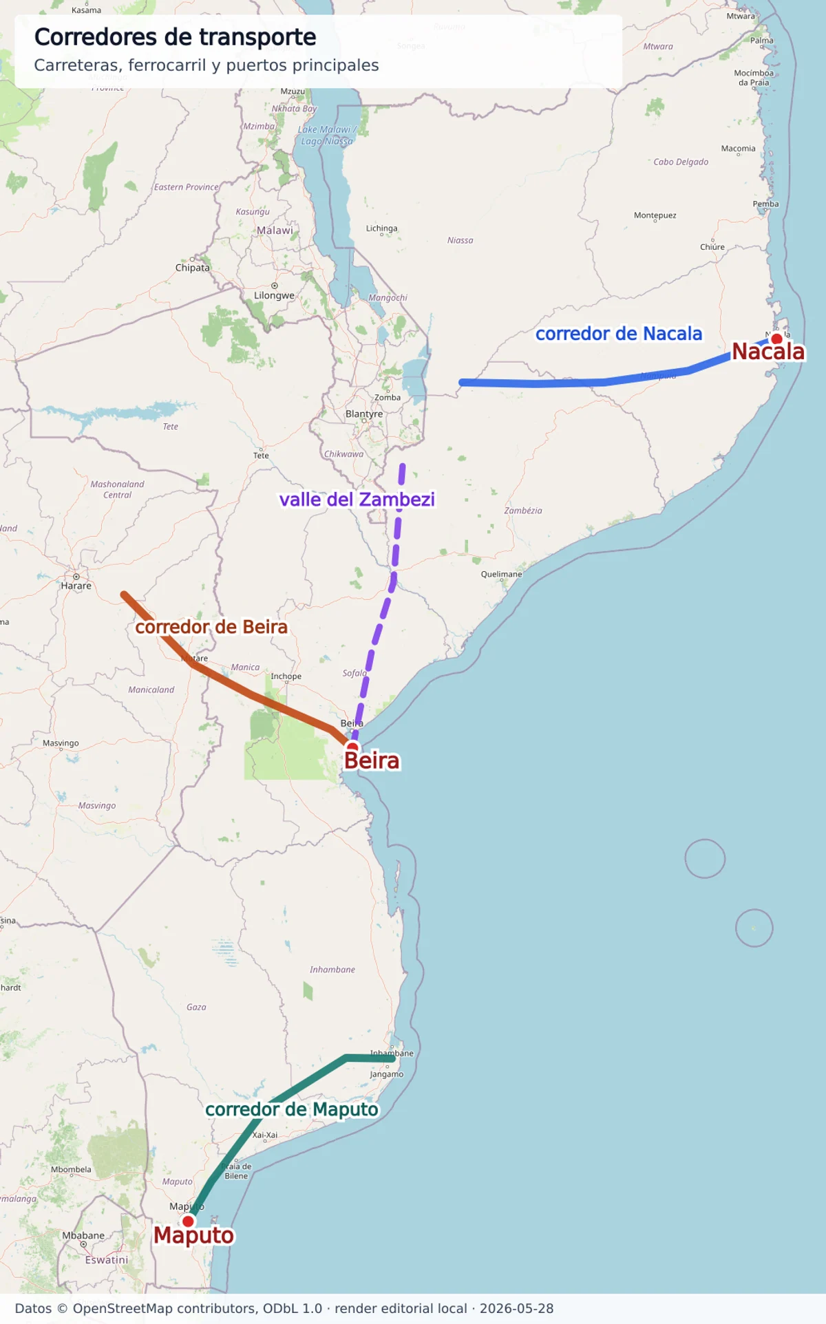 Mapa de Mozambique con corredores de transporte hacia Maputo, Beira y Nacala, carreteras, ferrocarril, puertos y valle del Zambezi