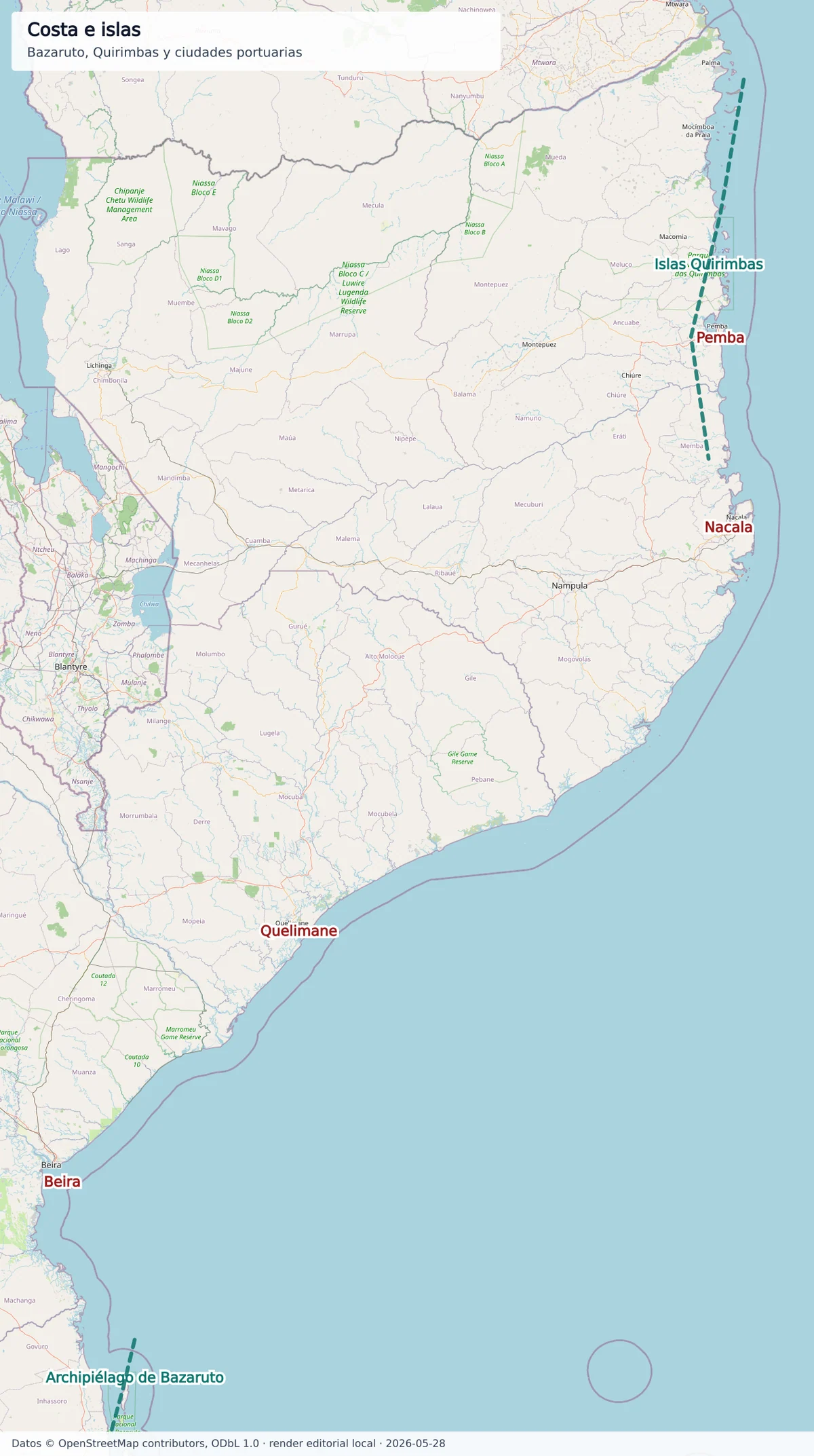 Mapa de la costa de Mozambique con archipiélago de Bazaruto, islas Quirimbas, Pemba, Nacala, Quelimane y Beira