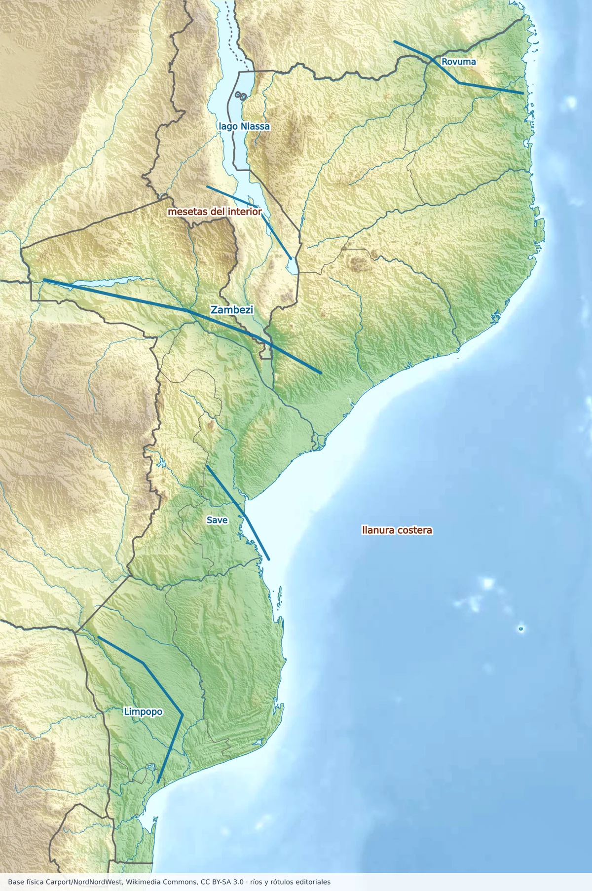 Mapa físico de Mozambique con relieve, lago Niassa, ríos Zambezi, Limpopo, Save y Rovuma, mesetas del interior y llanura costera