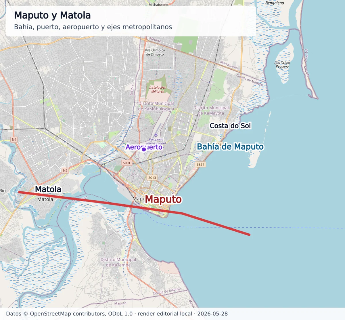 Mapa urbano de Maputo y Matola con bahía de Maputo, Costa do Sol, aeropuerto, puerto, centro urbano y ejes metropolitanos