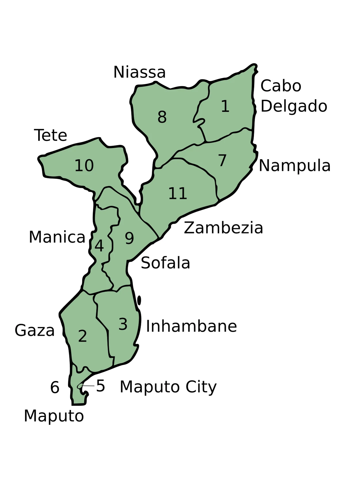 Mapa de Mozambique con las provincias de Cabo Delgado, Niassa, Nampula, Zambezia, Tete, Manica, Sofala, Inhambane, Gaza, Maputo y la ciudad de Maputo
