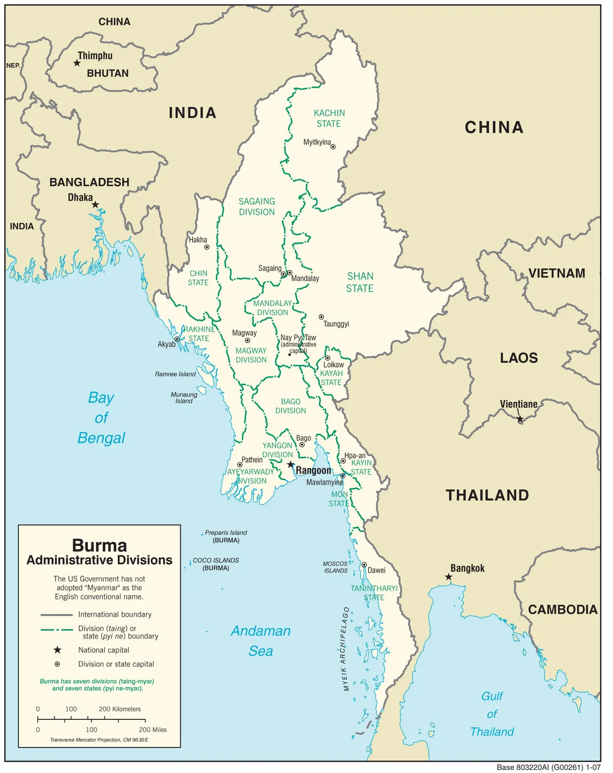 Mapa administrativo de Myanmar o Birmania con estados, divisiones, capitales y países vecinos