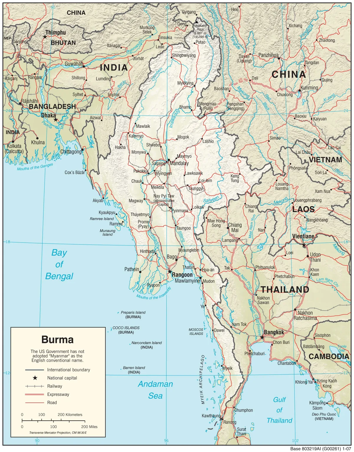 Mapa físico de Myanmar o Birmania con relieve, ríos, delta del Irawadi, meseta Shan y costa del mar de Andamán