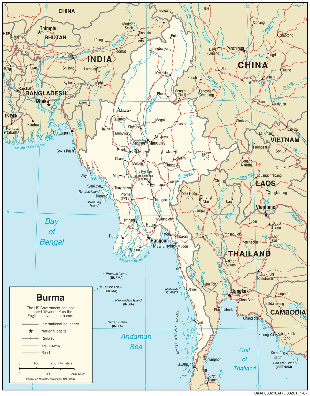 Mapa de transporte de Myanmar o Birmania con carreteras, vías férreas, ríos y ciudades principales