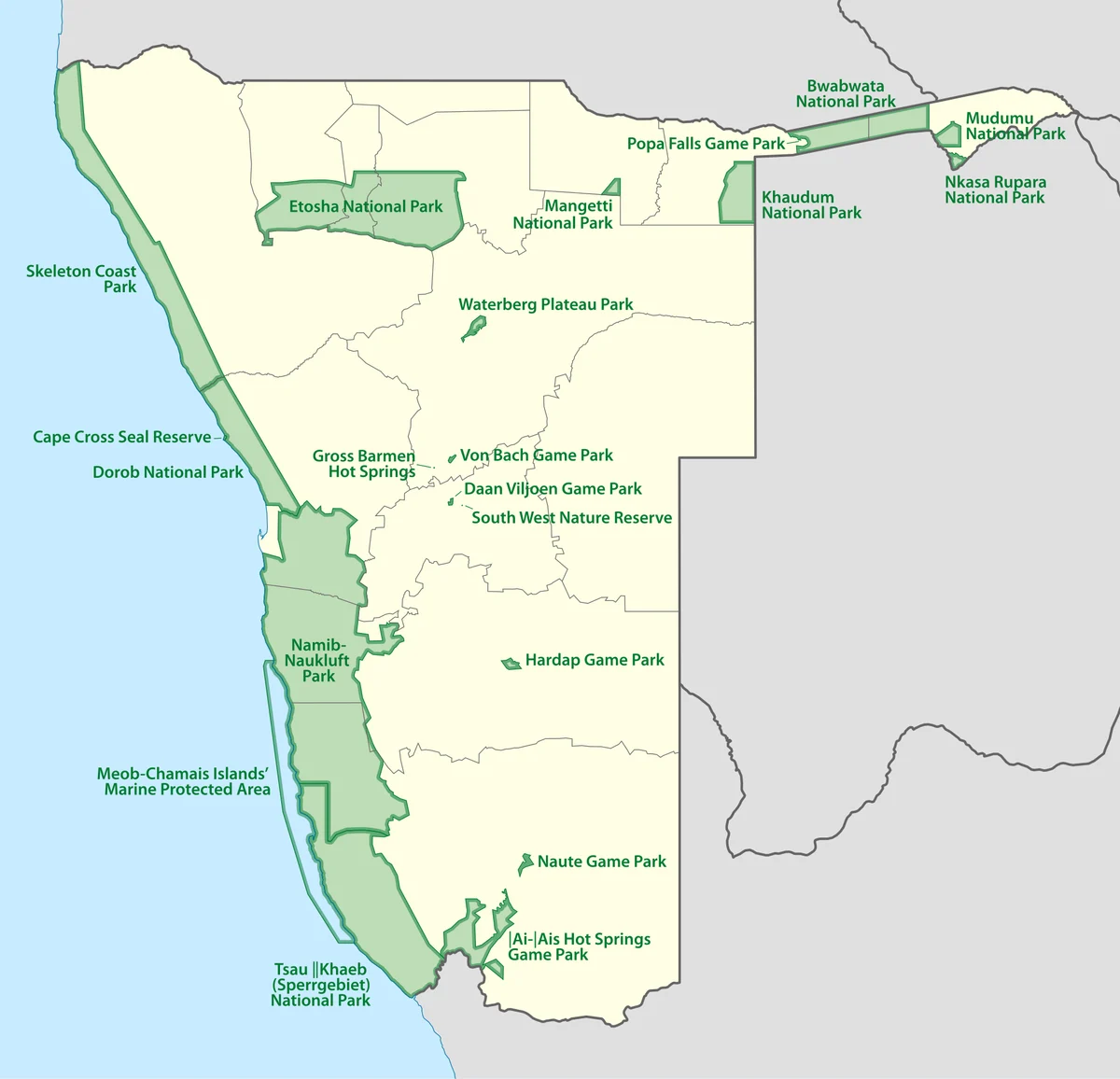 Mapa de áreas protegidas de Namibia con Etosha, Skeleton Coast, Dorob, Namib-Naukluft, Bwabwata, Mudumu, Nkasa Rupara, Mangetti y Ai-Ais Hot Springs