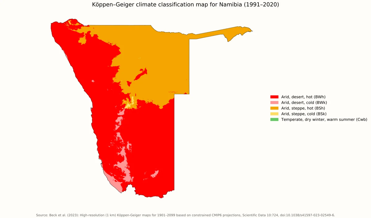 Mapa climático Köppen-Geiger de Namibia 1991-2020 con desierto cálido, desierto frío, estepa cálida, estepa fría y pequeñas áreas templadas secas