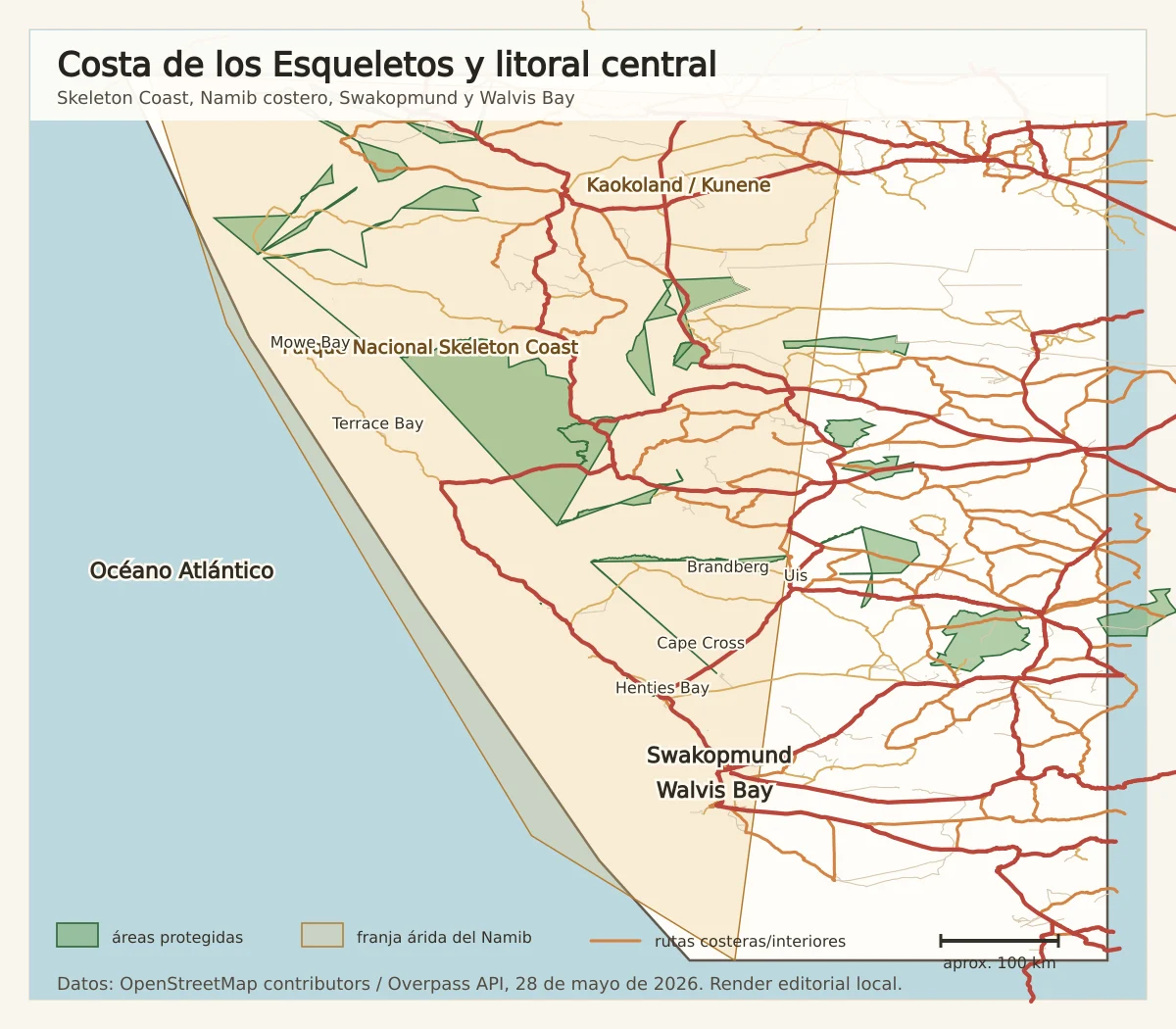 Mapa de la Costa de los Esqueletos de Namibia con el parque nacional Skeleton Coast, Mowe Bay, Terrace Bay, Cape Cross, Henties Bay, Swakopmund, Walvis Bay y el Atlántico