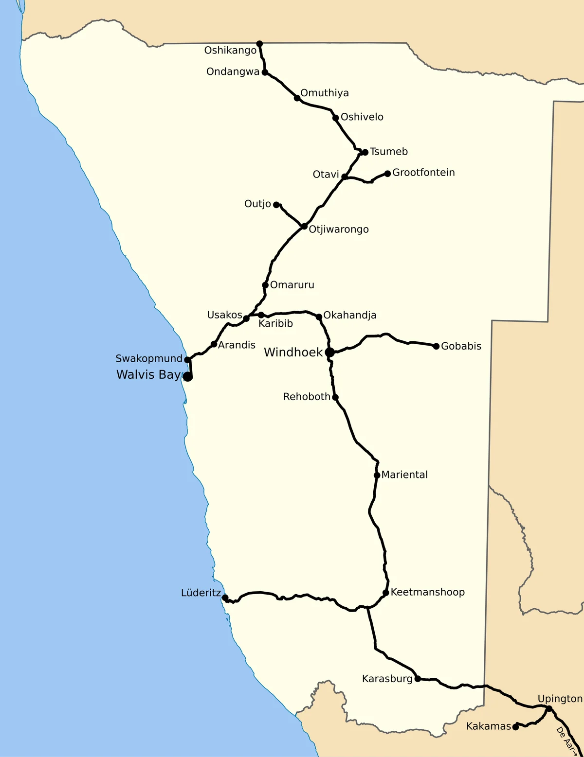 Mapa de la red ferroviaria de Namibia con Windhoek, Walvis Bay, Swakopmund, Tsumeb, Gobabis, Mariental, Keetmanshoop, Luderitz y conexiones hacia Sudáfrica