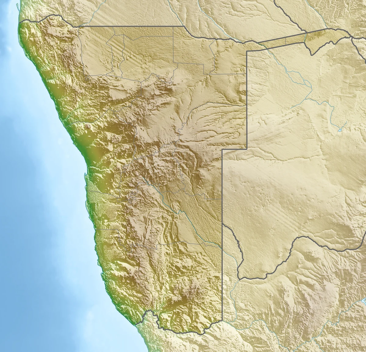 Mapa físico de Namibia con relieve sombreado, costa atlántica, desierto del Namib, escarpa, meseta interior y países vecinos