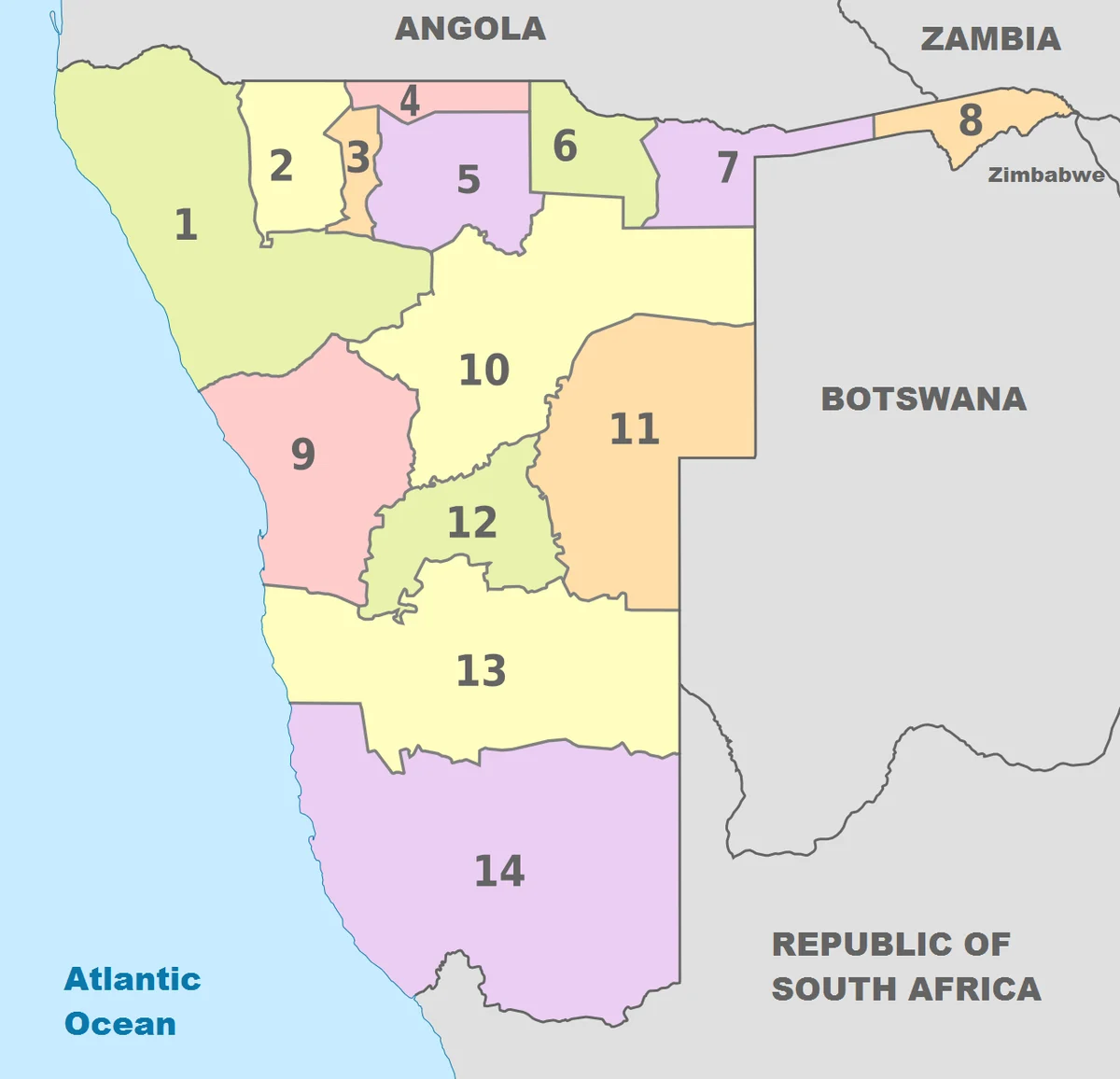 Mapa administrativo de Namibia con las 14 regiones numeradas y países vecinos como Angola, Zambia, Botsuana y Sudáfrica