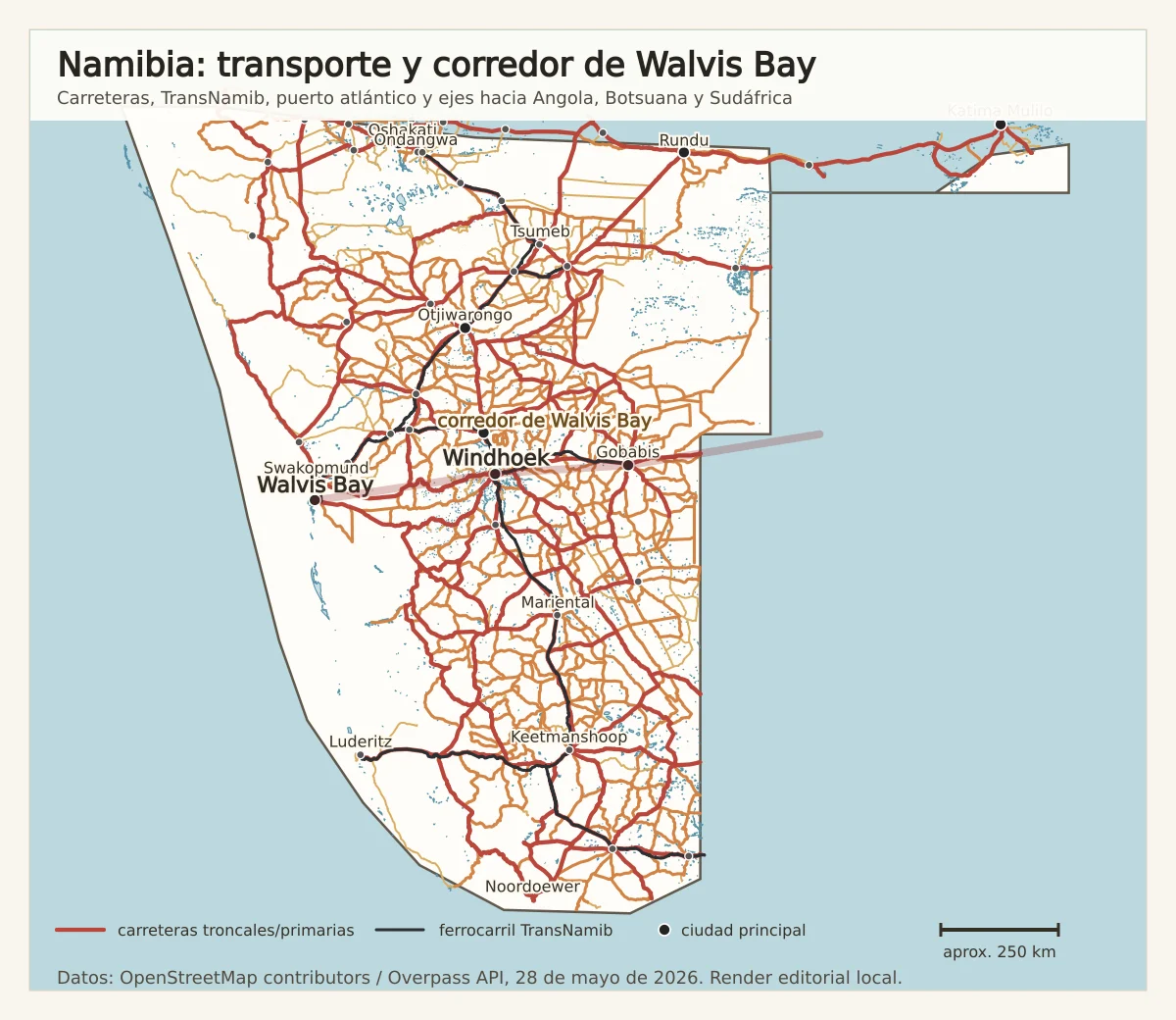 Mapa de transporte de Namibia con Windhoek, Walvis Bay, Swakopmund, Oshakati, Rundu, Katima Mulilo, Gobabis, Keetmanshoop, carreteras principales y ferrocarril TransNamib
