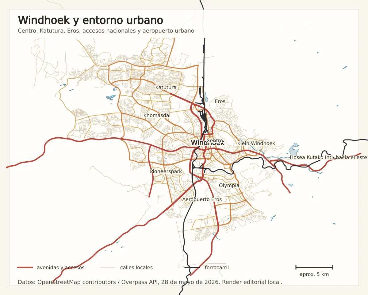 Mapa urbano de Windhoek con el centro, Katutura, Khomasdal, Eros, Klein Windhoek, Olympia, Pioneerspark, aeropuerto de Eros, ferrocarril y accesos principales