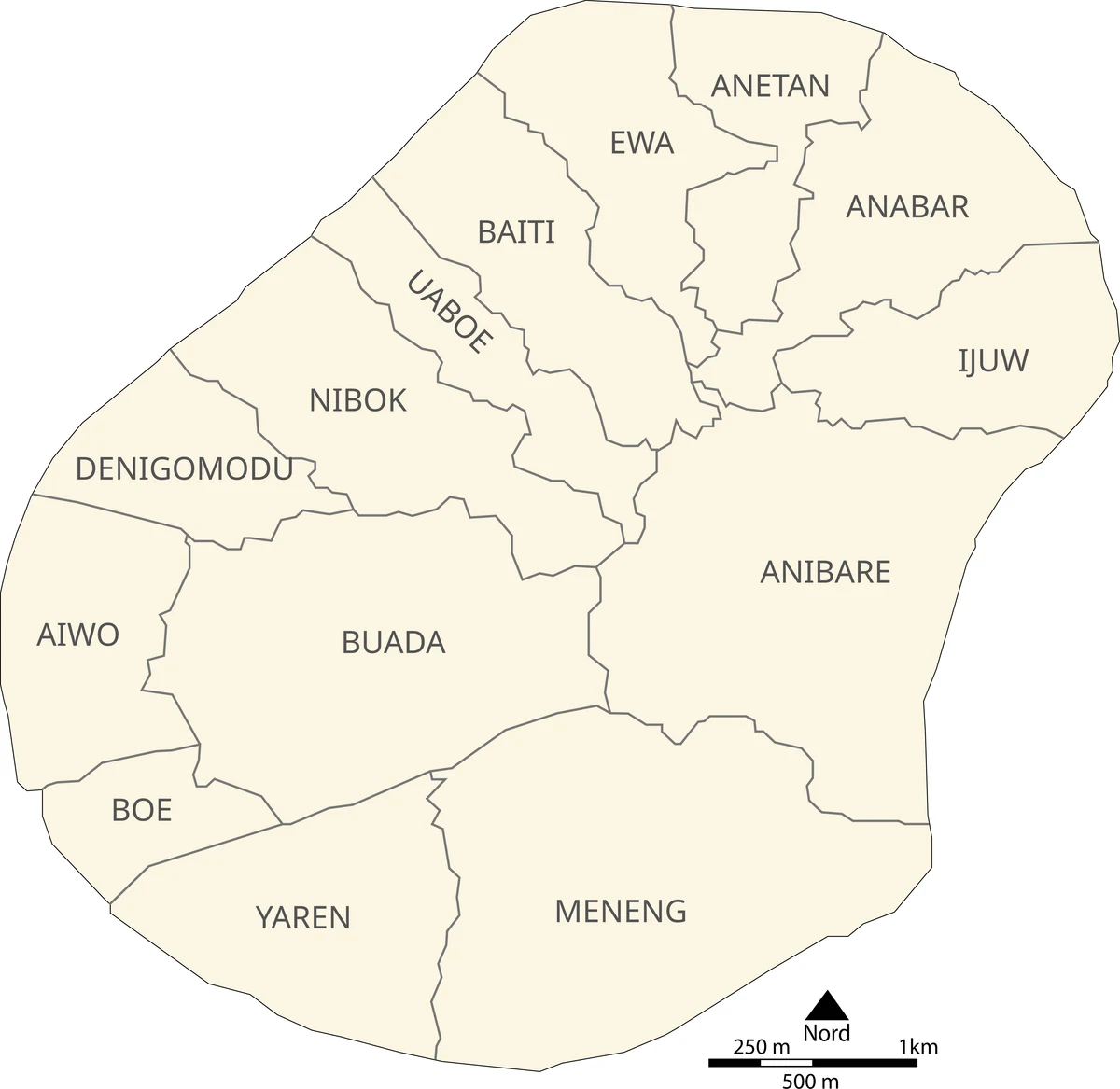 Mapa de Nauru con los distritos Aiwo, Anabar, Anetan, Anibare, Baiti, Boe, Buada, Denigomodu, Ewa, Ijuw, Meneng, Nibok, Uaboe y Yaren