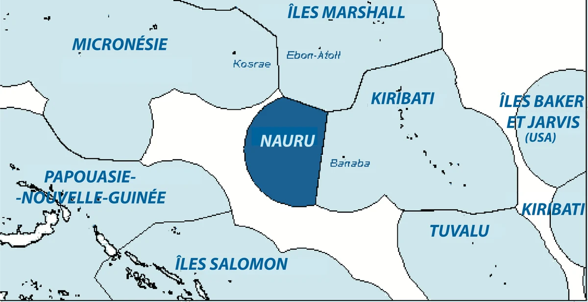 Mapa regional del Pacifico con la zona economica exclusiva de Nauru entre Micronesia, Islas Marshall, Kiribati, Tuvalu, Papua Nueva Guinea e Islas Salomon