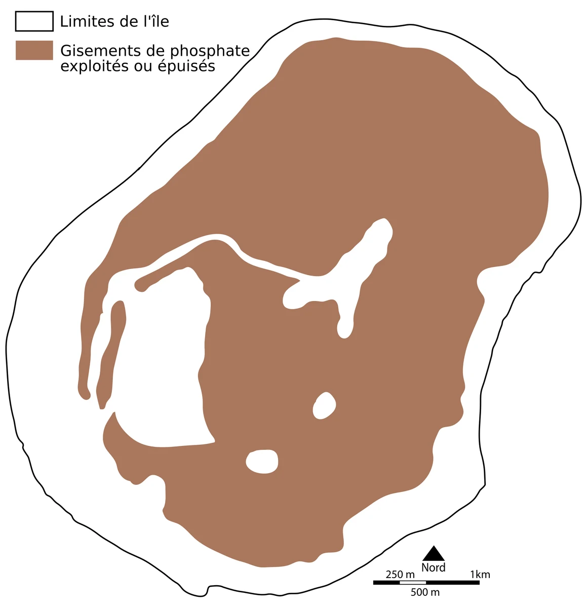 Mapa de Nauru con la extension de los yacimientos de fosfato explotados o agotados en el interior de la isla