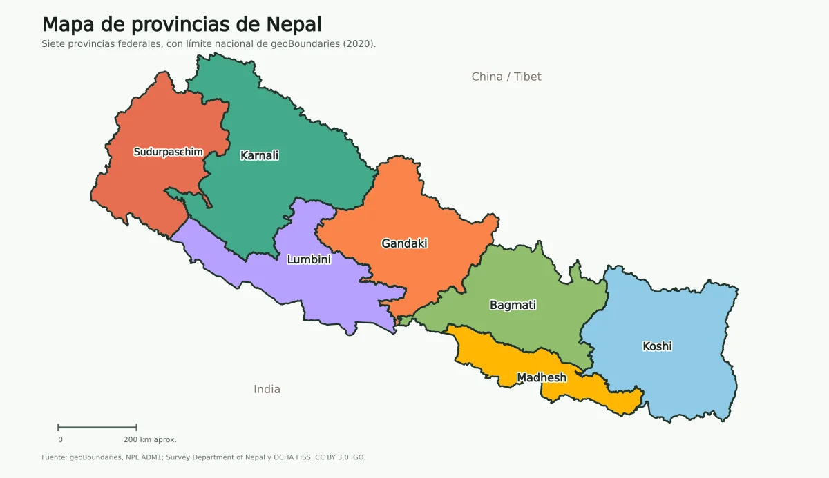 Mapa de Nepal con sus siete provincias federales: Koshi, Madhesh, Bagmati, Gandaki, Lumbini, Karnali y Sudurpashchim