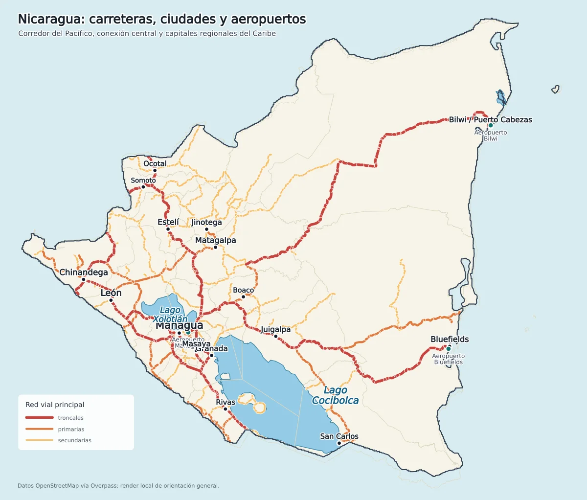 Mapa de Nicaragua con carreteras troncales, primarias y secundarias, ciudades, aeropuertos, Managua, León, Chinandega, Estelí, Matagalpa, Bluefields y Bilwi