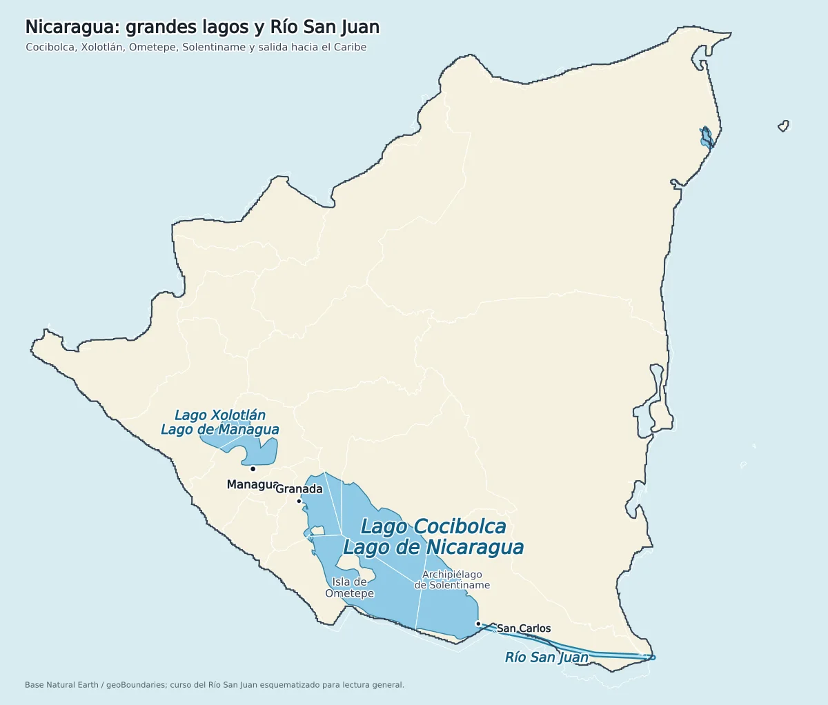 Mapa de Nicaragua con Lago Cocibolca o Lago de Nicaragua, Lago Xolotlán o Lago de Managua, Isla de Ometepe, Solentiname y Río San Juan