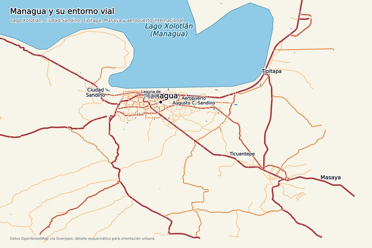 Mapa de detalle de Managua con Lago Xolotlán, Ciudad Sandino, Tipitapa, Ticuantepe, Masaya, el aeropuerto Augusto C. Sandino y carreteras principales