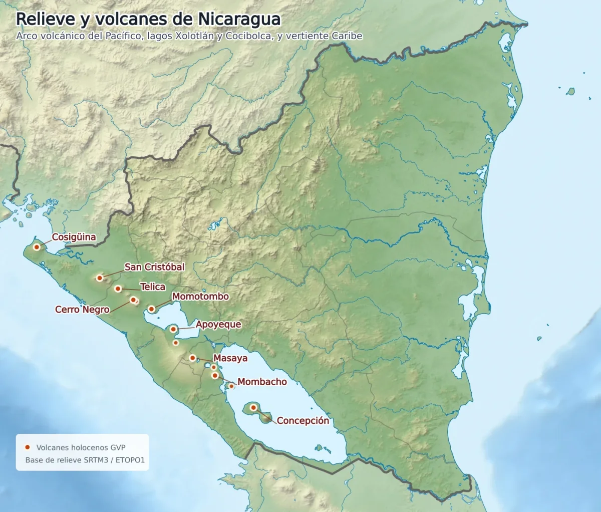 Mapa físico de Nicaragua con relieve, lagos Xolotlán y Cocibolca, y volcanes como Cosigüina, San Cristóbal, Telica, Cerro Negro, Momotombo, Masaya, Mombacho y Concepción
