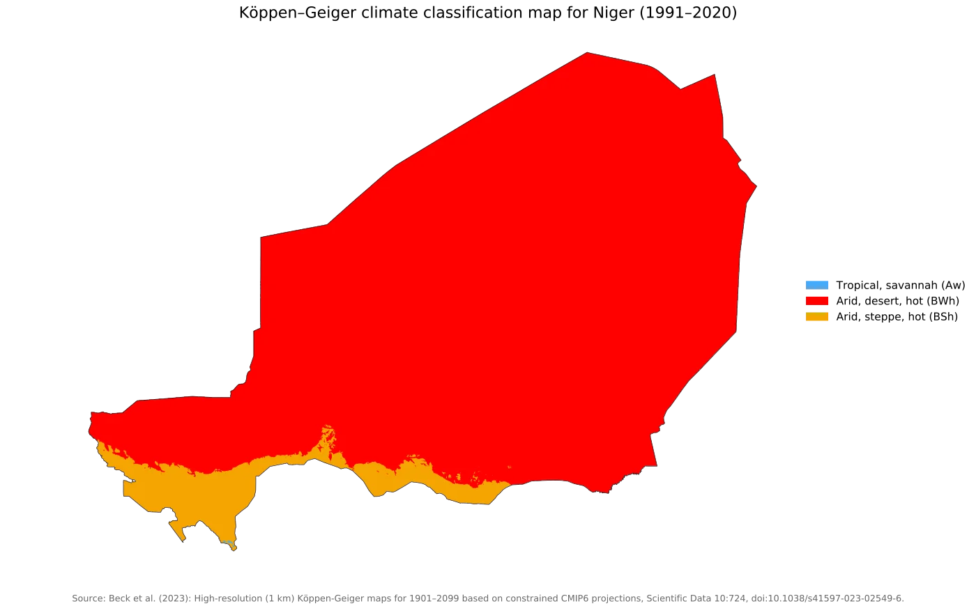 Mapa de Níger con clasificación climática Köppen-Geiger 1991-2020, desierto cálido, estepa cálida árida y sabana tropical en el extremo sur