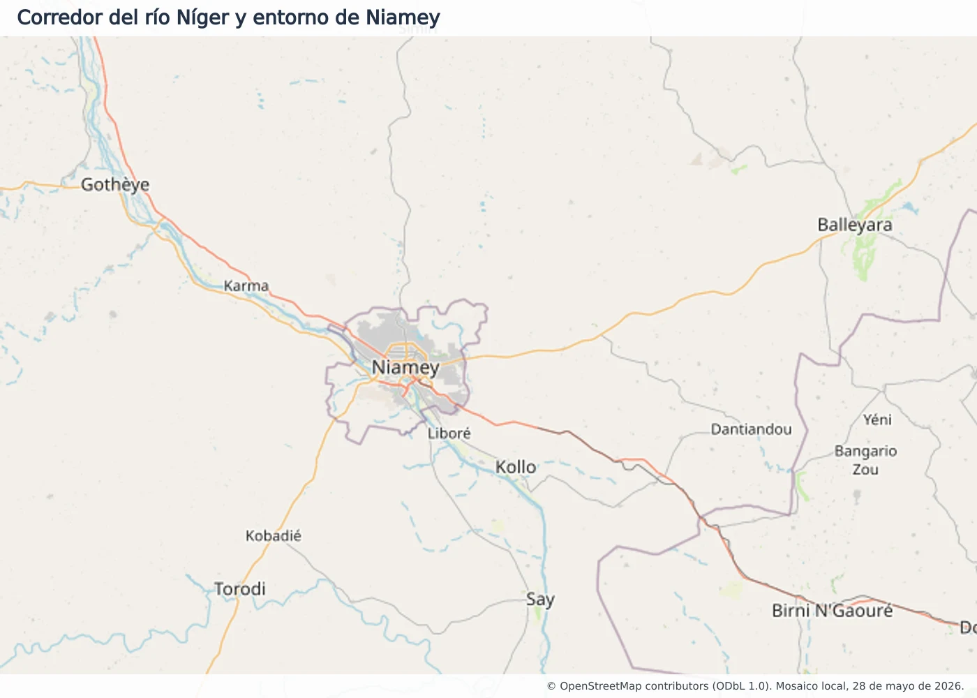 Mapa del corredor del río Níger alrededor de Niamey con Tillabéri, Kollo, Say, Dosso, Torodi, Gotheye, Karma y carreteras principales