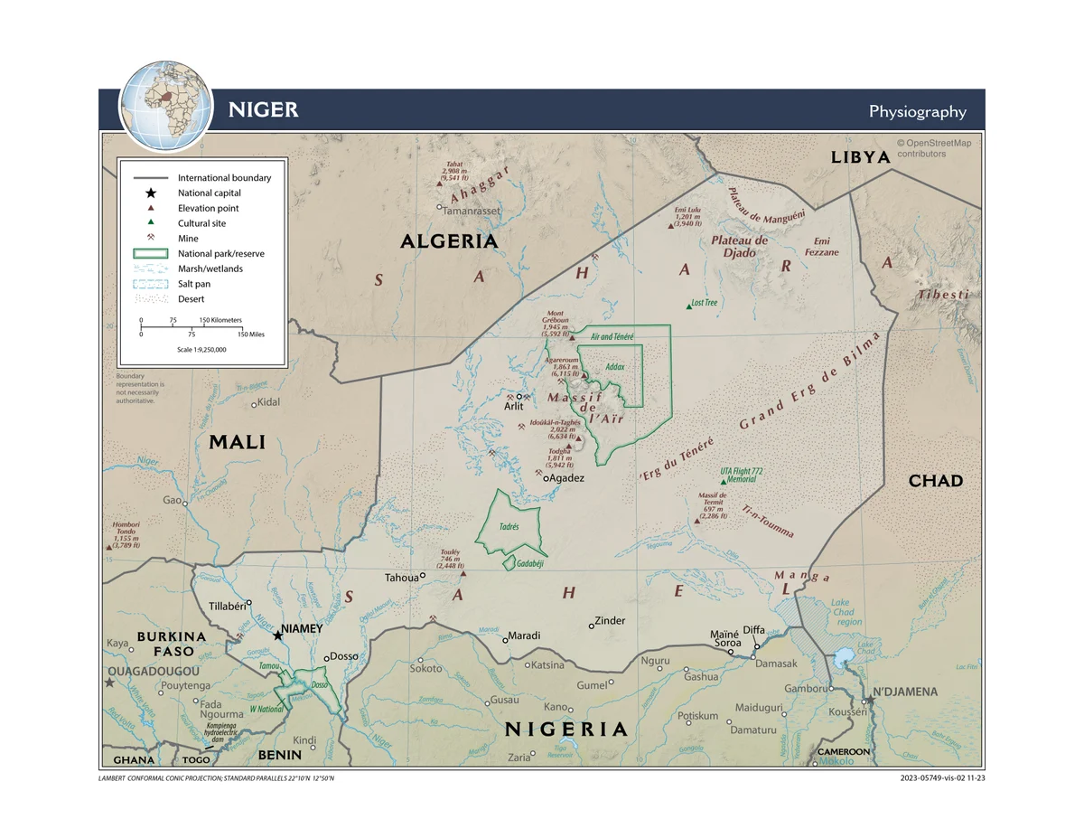 Mapa físico de Níger con Sahara, Sahel, macizo del Aïr, Ténéré, río Níger, lago Chad, Niamey, Agadez, Maradi, Zinder y Diffa