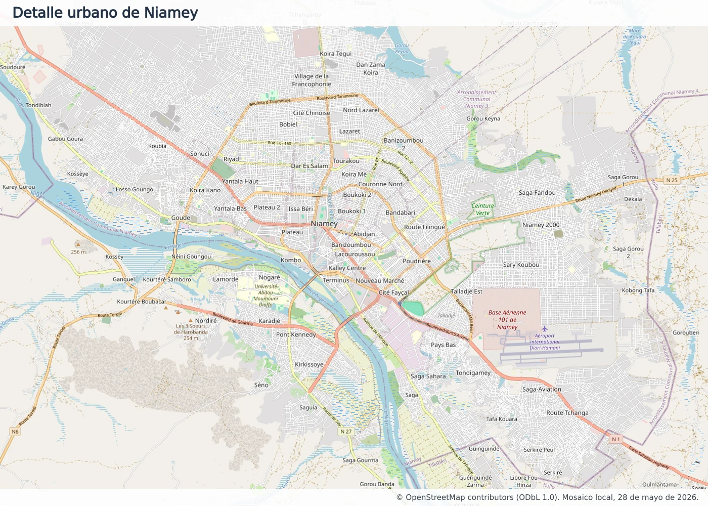 Mapa urbano de Niamey con río Níger, centro, Plateau, Yantala, Goudel, Kirkissoye, Saga y aeropuerto internacional Diori Hamani