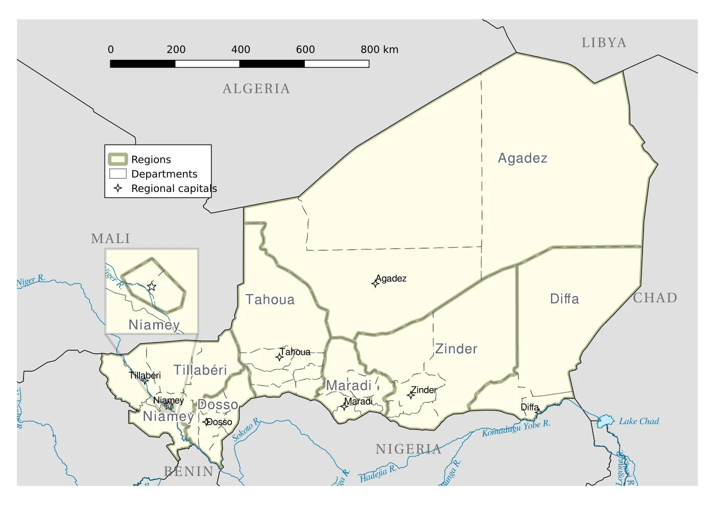 Mapa de Níger con regiones, departamentos, capitales regionales, Niamey, Agadez, Tahoua, Maradi, Zinder, Diffa, Dosso y Tillabéri