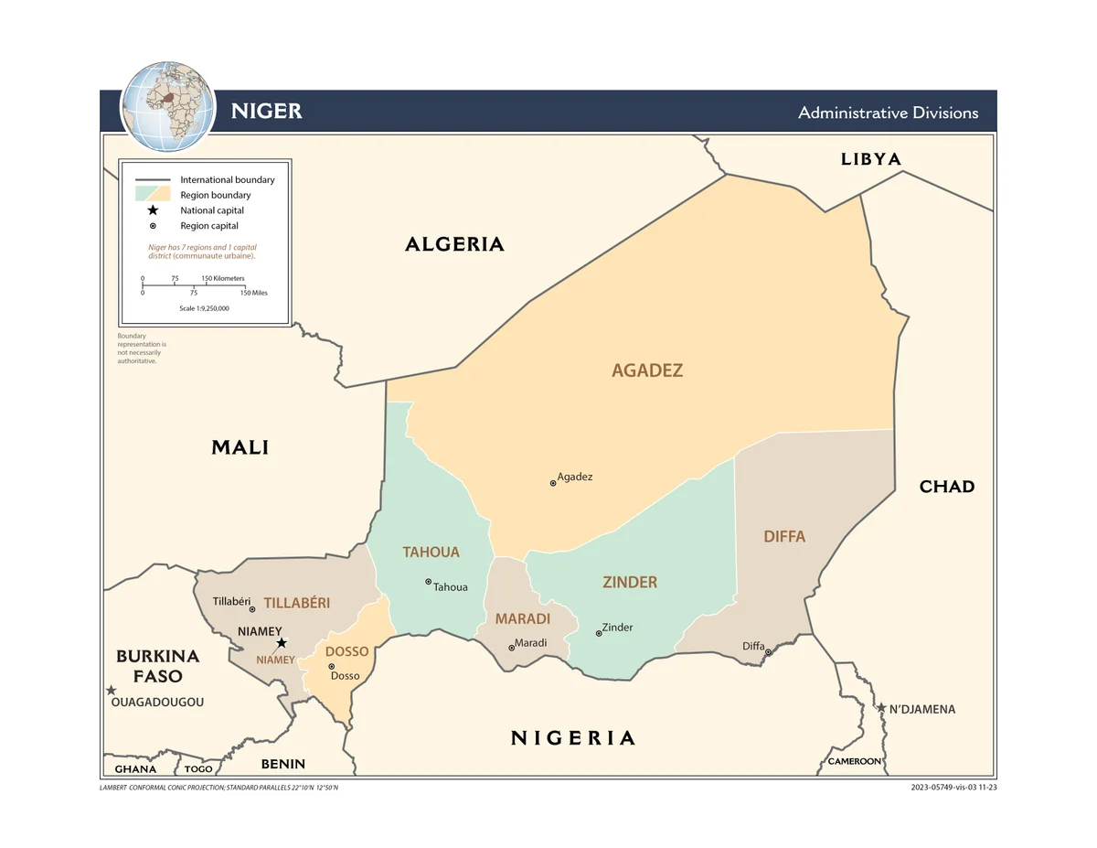 Mapa administrativo de Níger con las regiones Agadez, Diffa, Dosso, Maradi, Tahoua, Tillabéri, Zinder y la capital Niamey