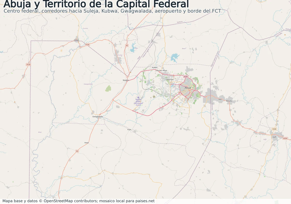 Mapa de Abuja y el Territorio de la Capital Federal con el centro federal, Kubwa, Gwagwalada, Suleja, aeropuerto y carreteras principales