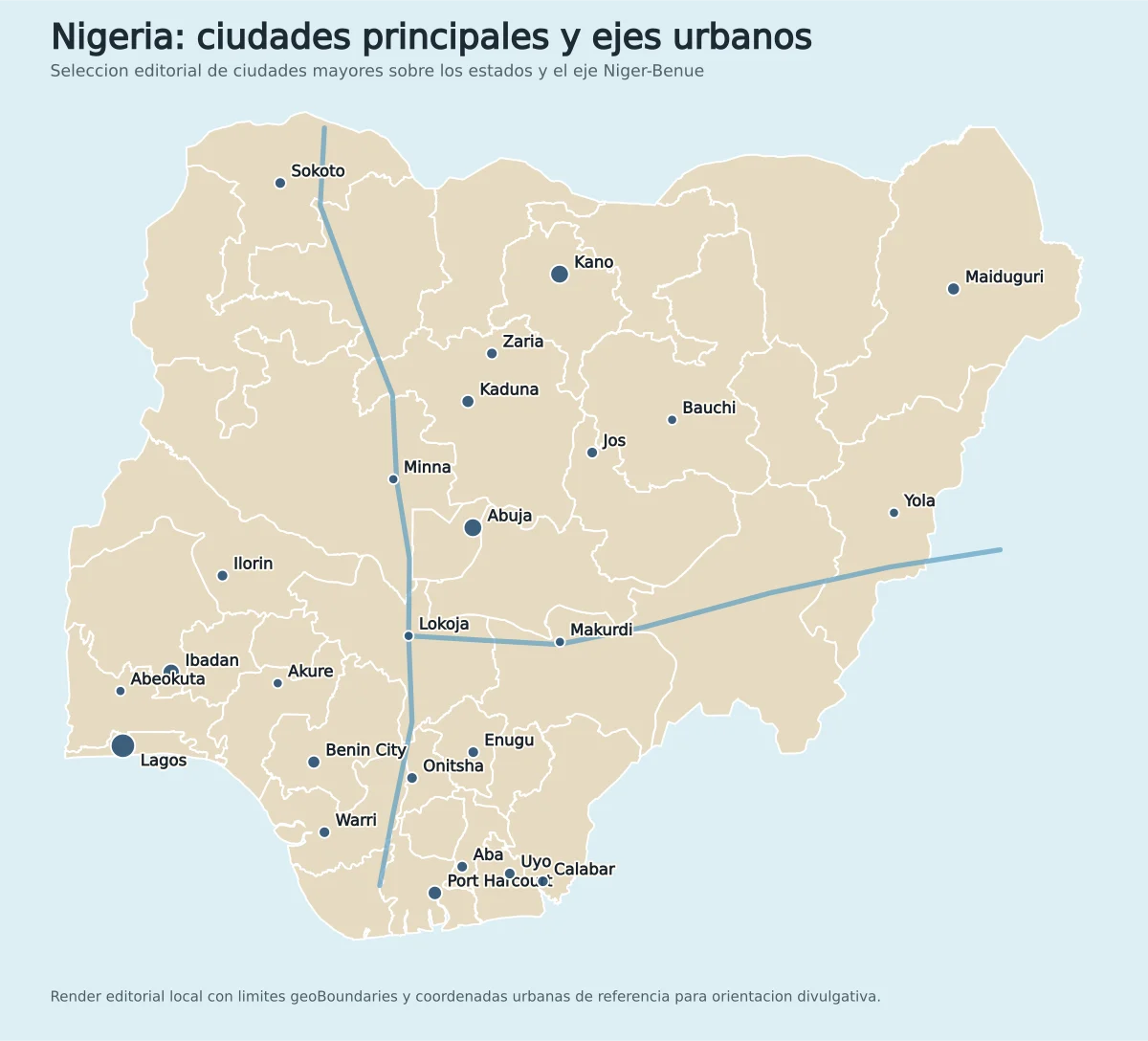 Mapa de Nigeria con ciudades principales como Lagos, Kano, Ibadan, Abuja, Port Harcourt, Benin City, Kaduna, Jos, Enugu, Maiduguri, Onitsha e Ilorin