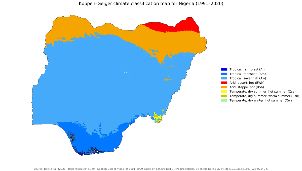 Mapa climático de Nigeria con clasificación Köppen-Geiger 1991-2020, desde climas semiáridos del norte hasta climas tropicales húmedos del sur
