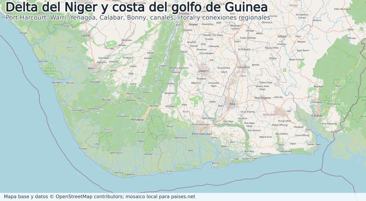 Mapa del delta del Níger y la costa de Nigeria con Port Harcourt, Warri, Yenagoa, Calabar, Bonny, canales, litoral y golfo de Guinea