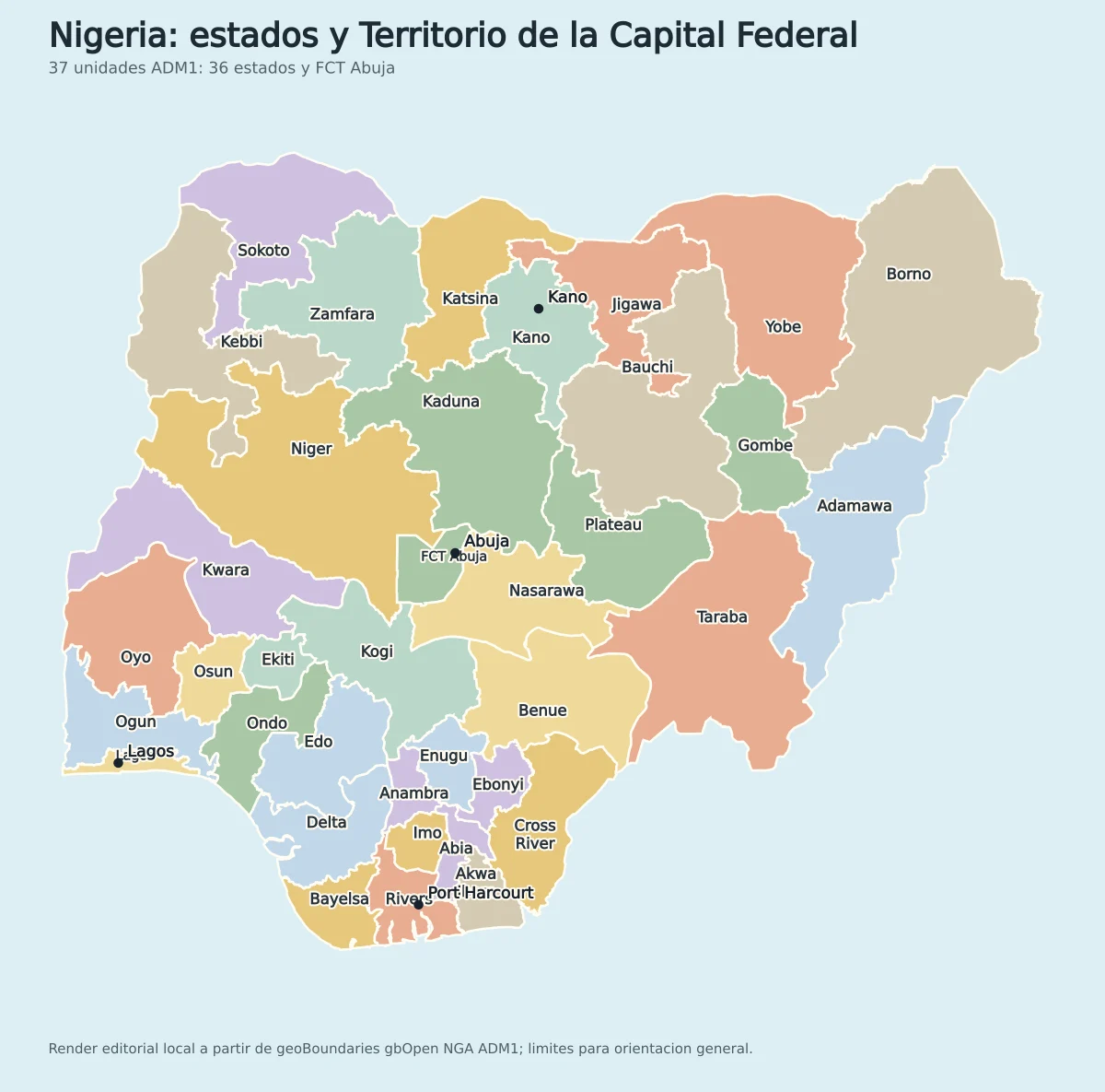 Mapa de Nigeria con sus 36 estados y el Territorio de la Capital Federal Abuja, incluyendo Lagos, Kano, Rivers, Borno, Kaduna, Niger y FCT Abuja
